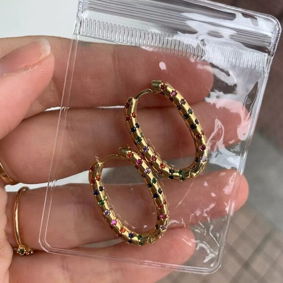 Gold Oval Rainbow Huggie Hoop Earrings 🌈 - Picture 6 of 8